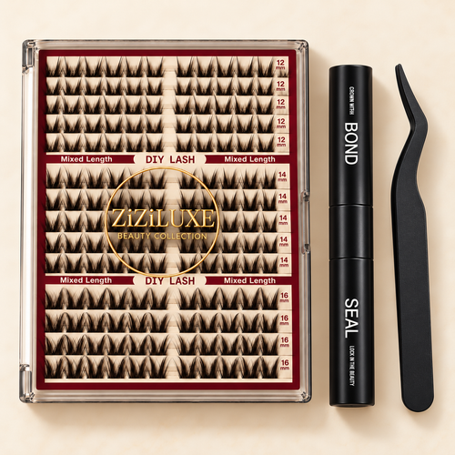 Barely Black deep brown cluster lash kit with black bond and seal and tweezers