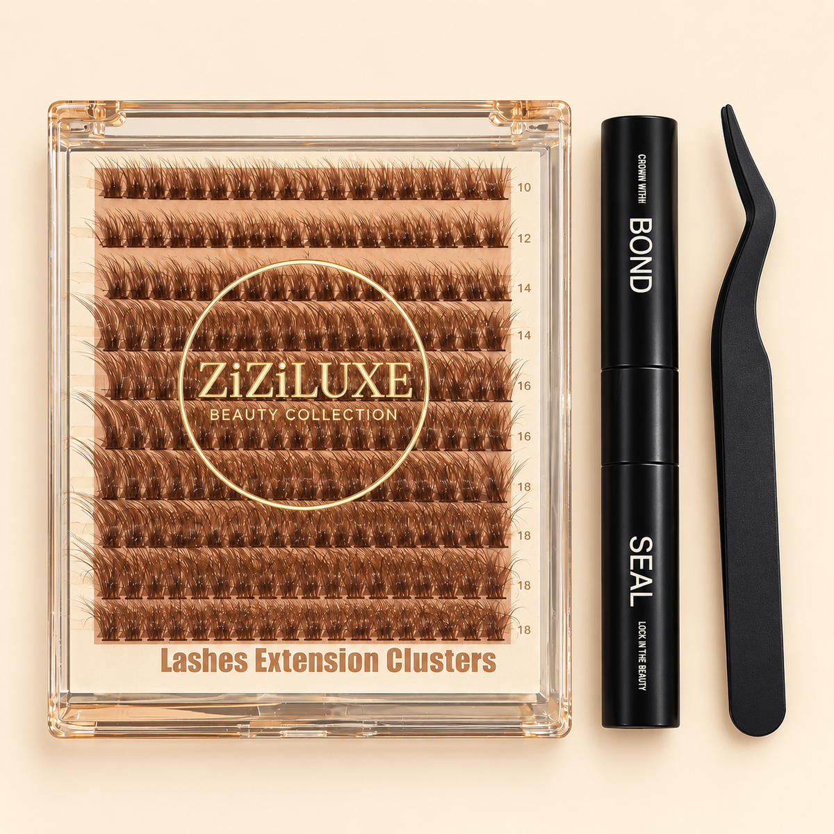 ZiZiLUXE brown cluster lash kit with Bond and Seal and lash applicator