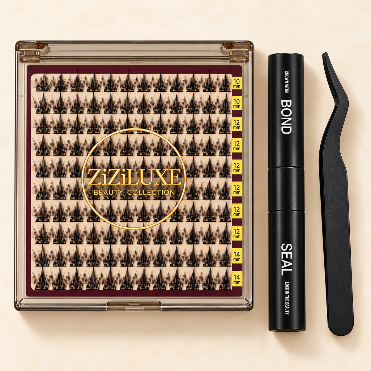ZiZiLUXE Wisp Tease black lash cluster kit with bond and seal and black applicator tweezers